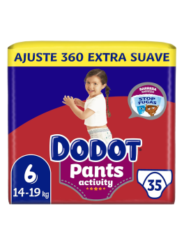 Dodot Activity Pants Pañal-Braguita Talla 6, 35 Pañales, 14kg-19kg, Con Barrera STOP Fugas Que Ayuda A Prevenir Fugas Traseras